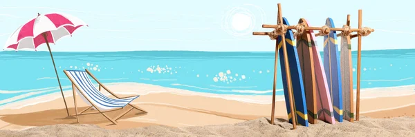Baner Różnymi Deskami Surfingowymi Leżakiem Parasolem Plaży — Zdjęcie stockowe