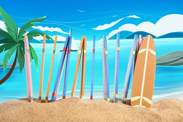 描かれた海のビーチで異なるカラフルなサーフボード — ストック写真