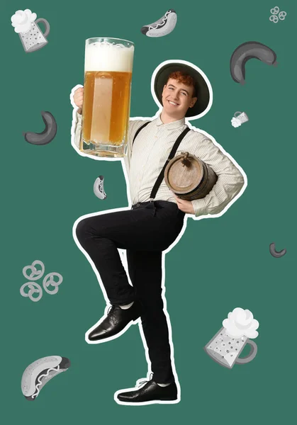 Mladý Muž Pivem Barelem Tančí Zeleném Pozadí Oslava Říjnového Festivalu — Stock fotografie