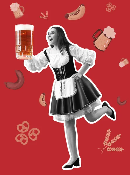 Mooie Oktoberfest Serveerster Met Grote Mok Bier Loopt Tegen Rode — Stockfoto