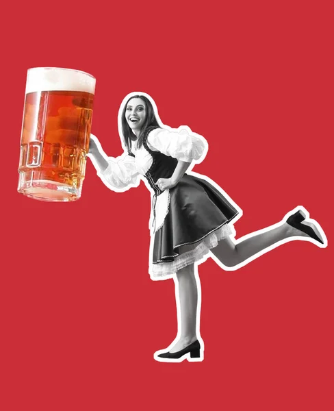 Beautiful Octoberfest Waitress Big Mug Beer Running Red Background — Stock Photo, Image