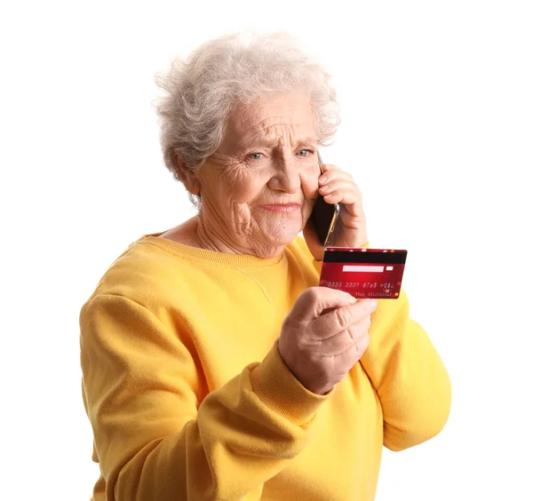 Senior Woman Credit Card Talking Mobile Phone White Background — Stock Photo, Image