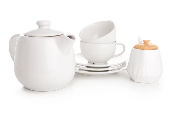 Beyaz Zemin Üzerinde Fincan Çay Tabağı Şeker Kasesi Olan Seramik — Stok fotoğraf