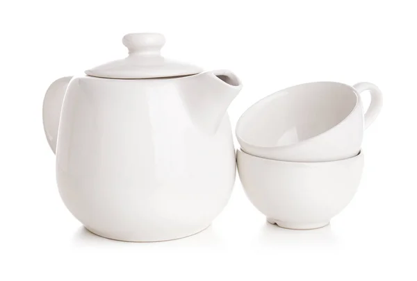 Keramische Teekanne Mit Tassen Auf Weißem Hintergrund — Stockfoto