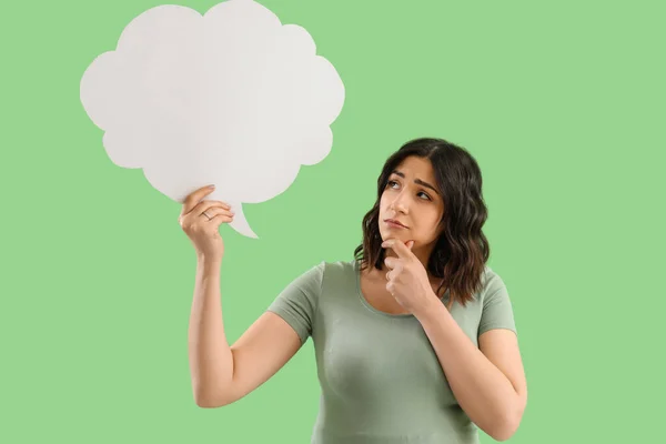 Thoughtful Young Pregnant Woman Blank Speech Bubble Green Background — Stock Photo, Image