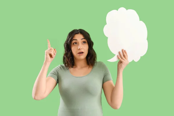 Young Pregnant Woman Blank Speech Bubble Pointing Something Green Background — Stock Photo, Image