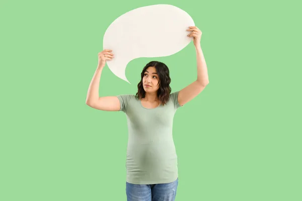Young Pregnant Woman Blank Speech Bubble Green Background — Stock Photo, Image