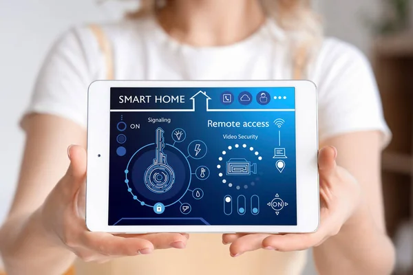 Young Woman Smart Home Security System Control Panel Bedroom Closeup — Stock Photo, Image