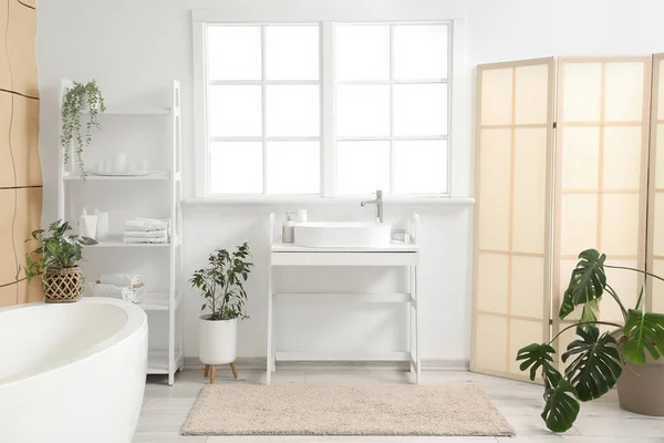 Interior Light Bathroom Sink Bathtub Shelving Unit Houseplants — Stock Photo, Image