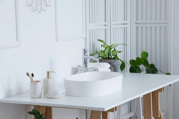 Interior Light Bathroom White Sink Bath Accessories Houseplants — Stock Photo, Image