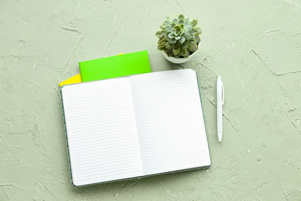 空白の開いているノートブック ペンとグランジの背景に観葉植物 — ストック写真