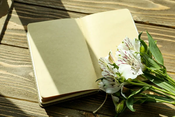 Blank Open Notebook Beautiful Alstroemeria Flowers Wooden Background — Stock Photo, Image