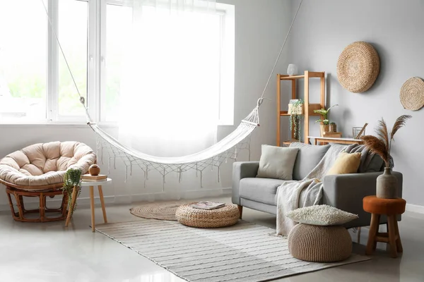 Interior Light Living Room Hammock Grey Sofa Armchair — Stock Photo, Image