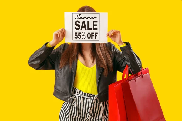 Young Woman Holding Paper Text Summer Sale Shopping Bags Yellow — Stock Photo, Image