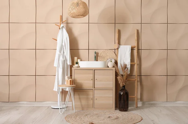Interior Bathroom Bathrobe Sink Bowl Bath Accessories Wooden Cabinet — Stock Photo, Image