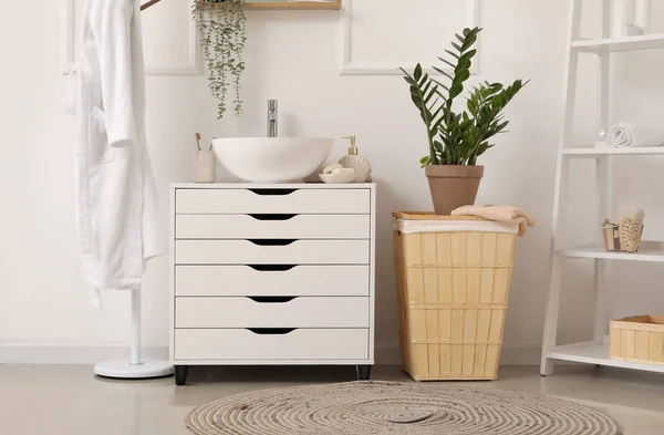 Sink Bowl Bath Accessories Chest Drawers Houseplant Bathrobe Bathroom — Stock Photo, Image