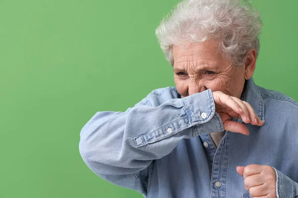 Ill Senior Woman Green Background Closeup — Stock Photo, Image