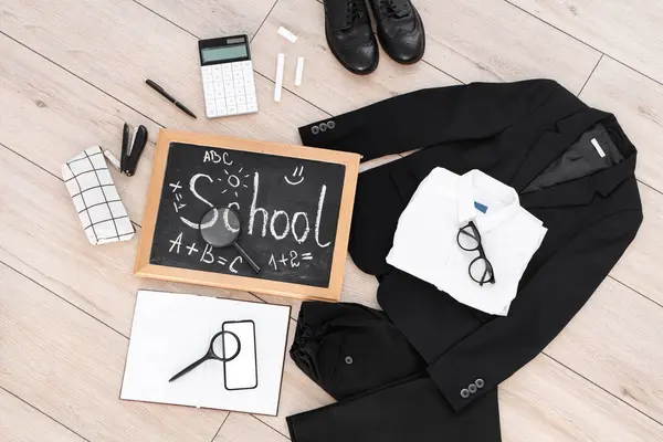 Composition Stylish School Uniform Eyeglasses Chalkboard Mobile Phone Stationery Wooden — Stock Photo, Image