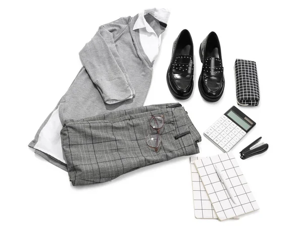 Komposition Mit Stilvoller Schuluniform Schuhen Und Papeterie Auf Weißem Hintergrund — Stockfoto