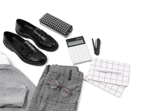 Composition Stylish School Uniform Shoes Stationery White Background — Stock Photo, Image