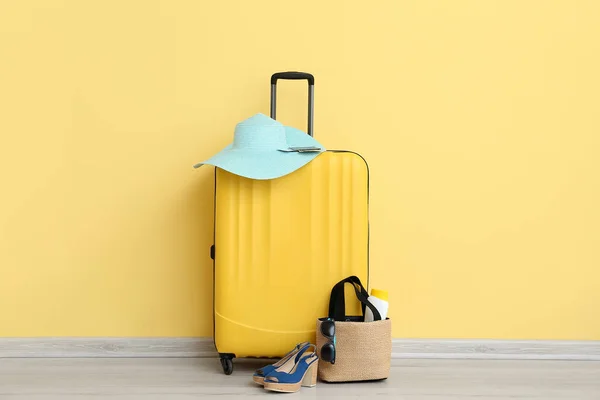 Suitcase Passport Ticket Beach Accessories Yellow Background Travel Concept — Stock Photo, Image