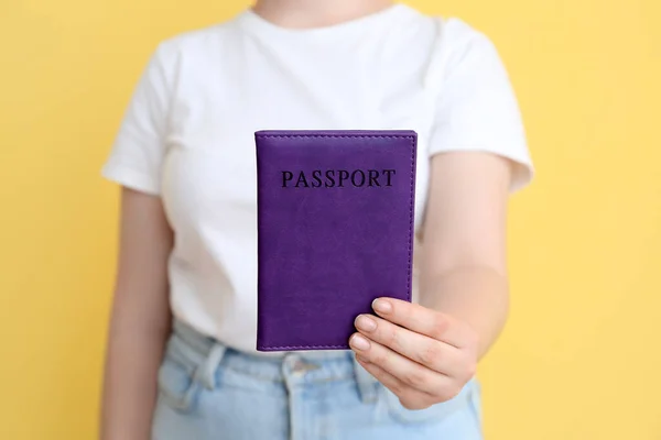 Young Woman Purple Passport Yellow Background Travel Concept — Stock Photo, Image