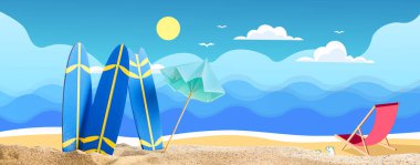 Sörf tahtası, güneş panosu ve deniz sahilinde şemsiye.