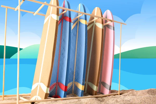 Stand Con Diferentes Tablas Surf Playa Mar Dibujada — Foto de Stock