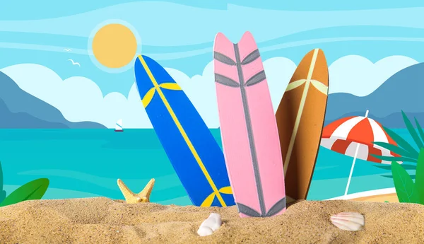 Different Surfboards Drawn Sea Beach — Stock Photo, Image