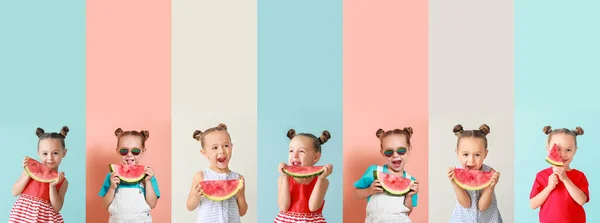Collage Söt Liten Flicka Med Skivor Färsk Vattenmelon Färg Bakgrund — Stockfoto