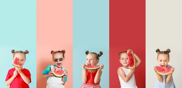 Kolaż Cute Little Girl Plasterkami Świeżego Arbuza Tle Koloru — Zdjęcie stockowe