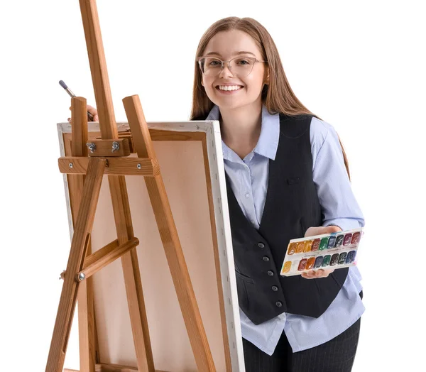 Zeichenlehrerin Mit Pinsel Farben Und Staffelei Auf Weißem Hintergrund — Stockfoto