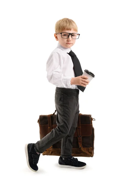 Funny Little Businessman Cup Coffee Briefcase White Background — Stock Photo, Image