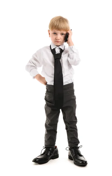 Vicces Kis Üzletember Beszél Mobiltelefon Fehér Háttér — Stock Fotó
