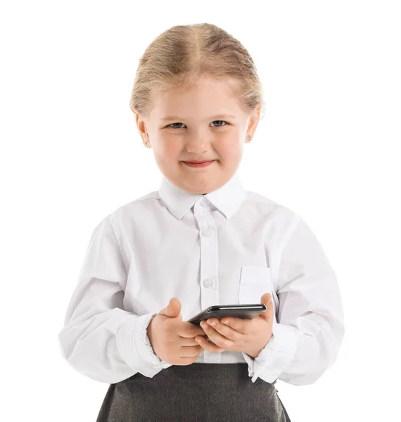 Αστεία Μικρή Επιχειρηματίας Χρησιμοποιώντας Κινητό Τηλέφωνο Λευκό Φόντο — Φωτογραφία Αρχείου