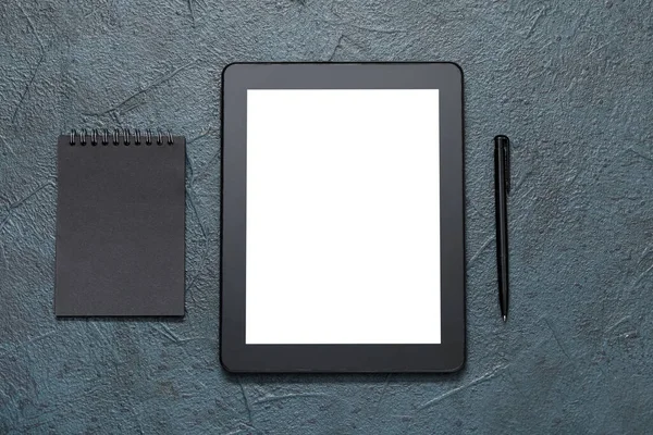 Modern Tablet Computer Notebook Pen Dark Grey Table — Stock Photo, Image