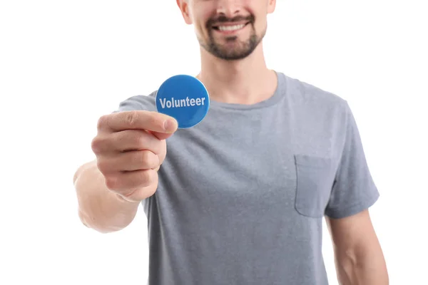 Male Volunteer Badge White Background Closeup — Stock Photo, Image