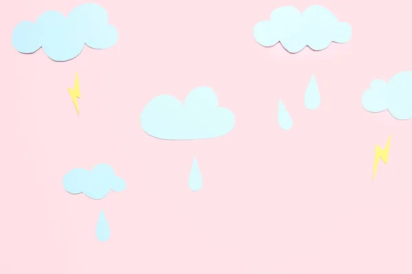 Paper Clouds Rain Drops Lightnings Pink Background Weather Forecast Concept — Stock Photo, Image