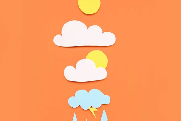 Paper Sun Clouds Rain Drops Red Background Weather Forecast Concept — Stock Photo, Image
