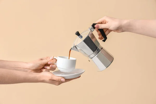 Woman Pouring Espresso Geyser Coffee Maker Cup Beige Background — Stock Photo, Image