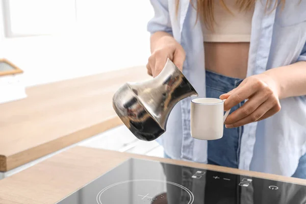 Woman Pouring Fresh Coffee Jezve Cup Kitchen — Stock Photo, Image
