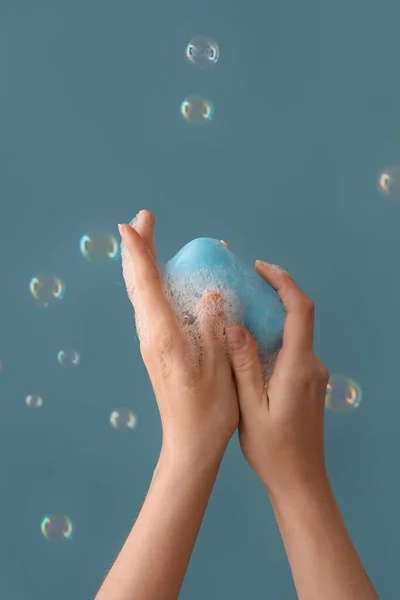 Hands Soap Bubbles Blue Background — Stock Photo, Image