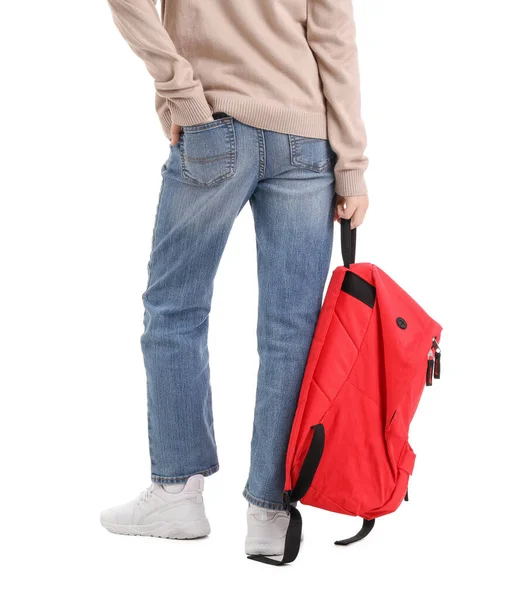 Little Boy Schoolbag White Background Back View — Stock Photo, Image