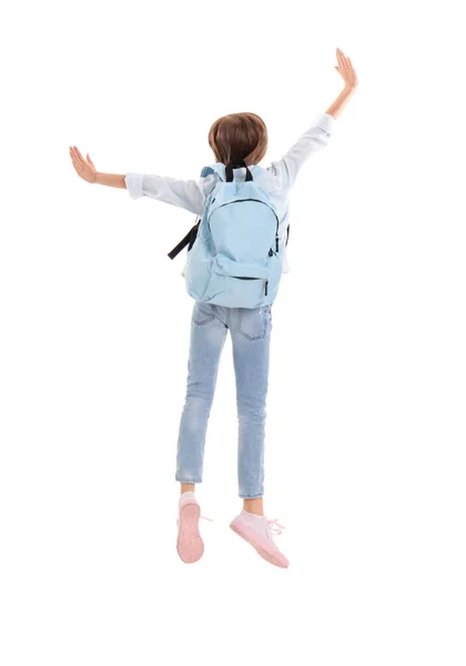 Jumping Little Girl Schoolbag White Background Widok Tyłu — Zdjęcie stockowe
