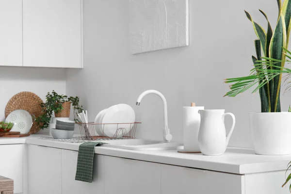 White Counters Sink Utensils Houseplants Modern Kitchen — Stock Photo, Image