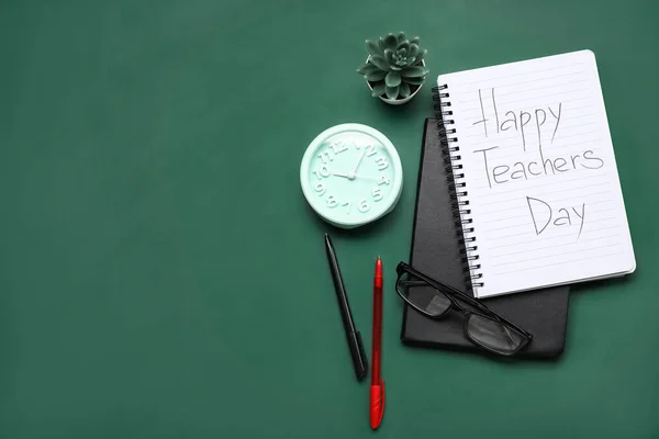 Cadernos Com Texto Happy Teachers Dia Despertador Óculos Quadro Negro — Fotografia de Stock