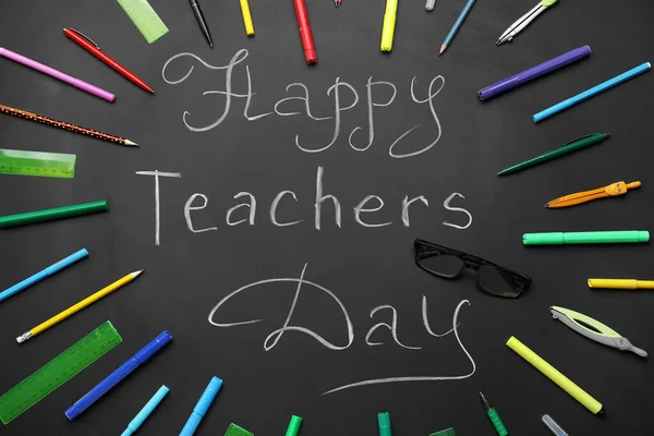 Quadro Feito Diferentes Artigos Papelaria Com Texto Happy Teachers Dia — Fotografia de Stock