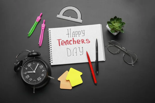Notebook Text Happy Teachers Day Eyeglasses Different Stationery Black Chalkboard — Stock Photo, Image