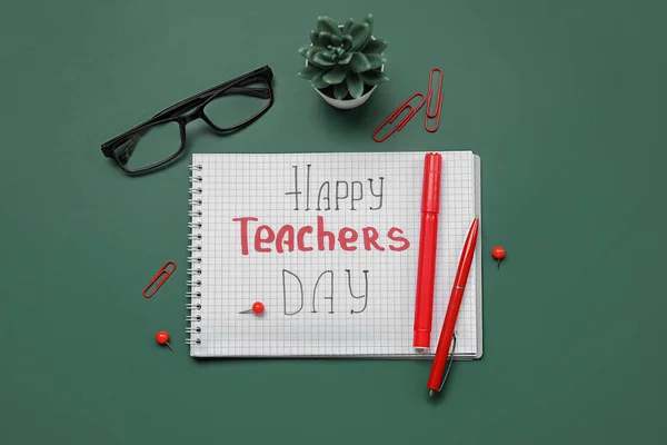 Caderno Com Texto Happy Teachers Dia Óculos Artigos Papelaria Diferentes — Fotografia de Stock