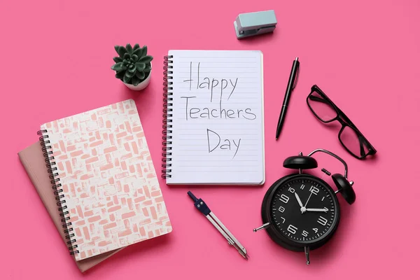 Notebooks Text Happy Teachers Day Eyeglasses Alarm Clock Pink Background — Stock Photo, Image